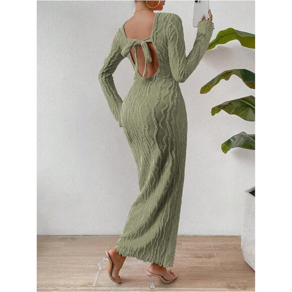 Women's Knit Maxi Dress Long Sleeve Backless Bodycon Fall Winter Green Large - Picture 5 of 6